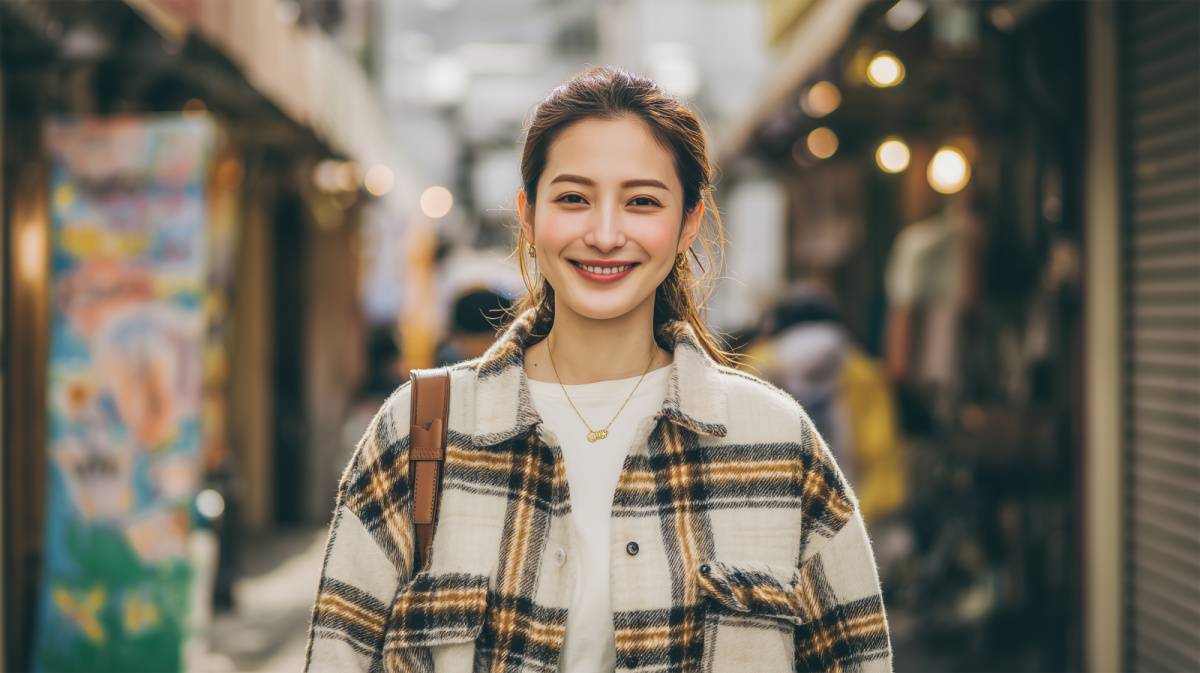 チェック柄シャツを羽織った女性