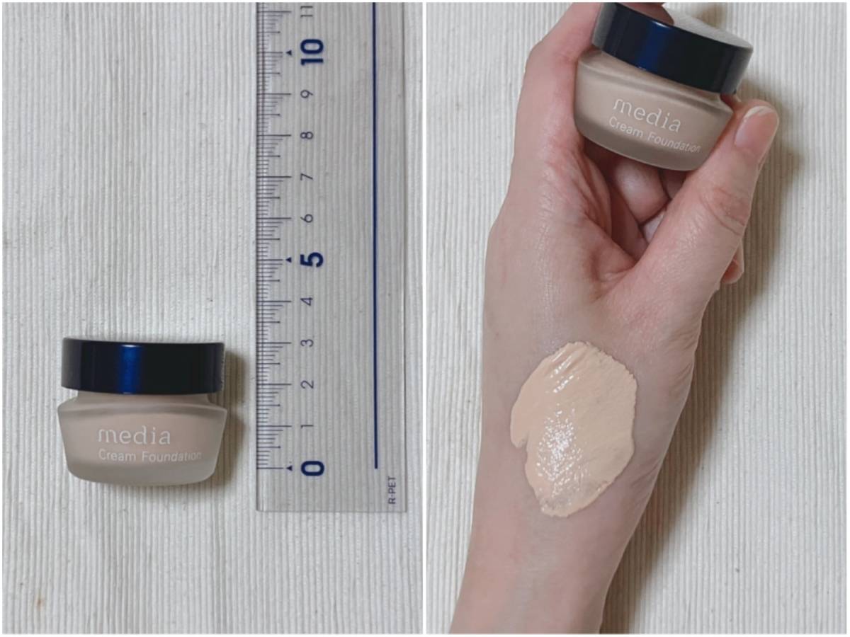 media メディア クリームファンデーションN PO-B1 コンビニ限定ミニサイズ 本体 定規 筆者手 スウォッチ