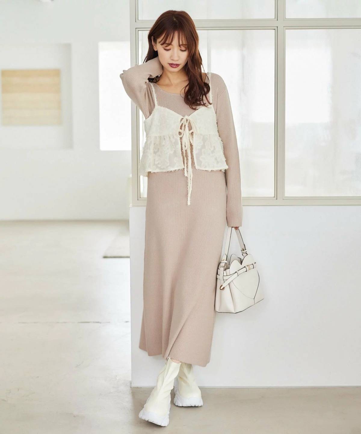 mysty woman フェザーキャミセットニットワンピース