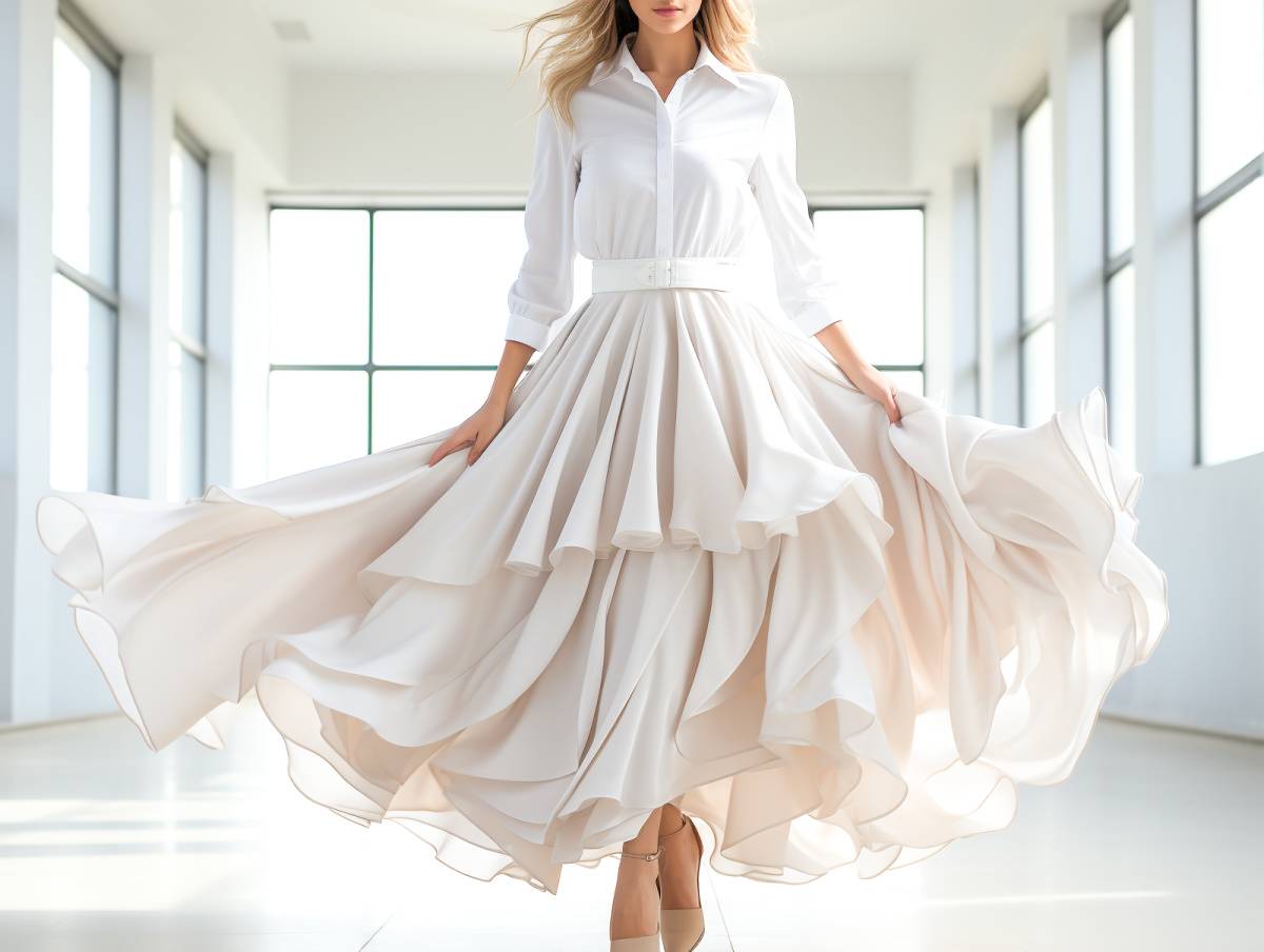 白いロングスカートを着た女性