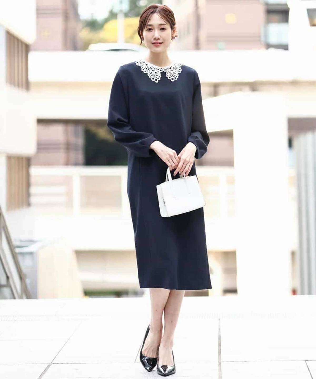 MK MICHEL KLEIN レース衿付きサックワンピース