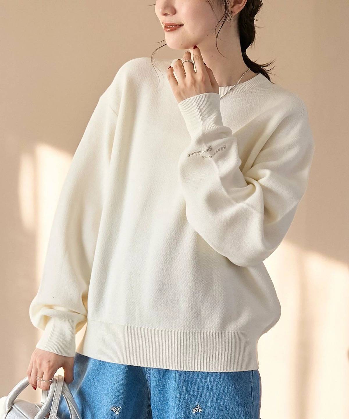 coen 袖刺繍 スウェットライクハイゲージニット