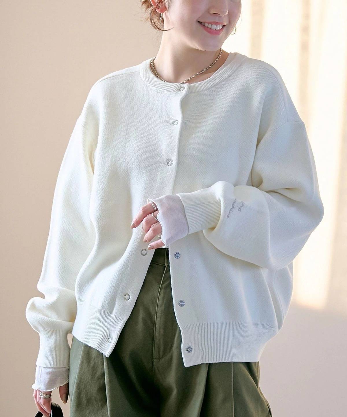 coen 袖刺繍 スウェットライクハイゲージニットカーディガン