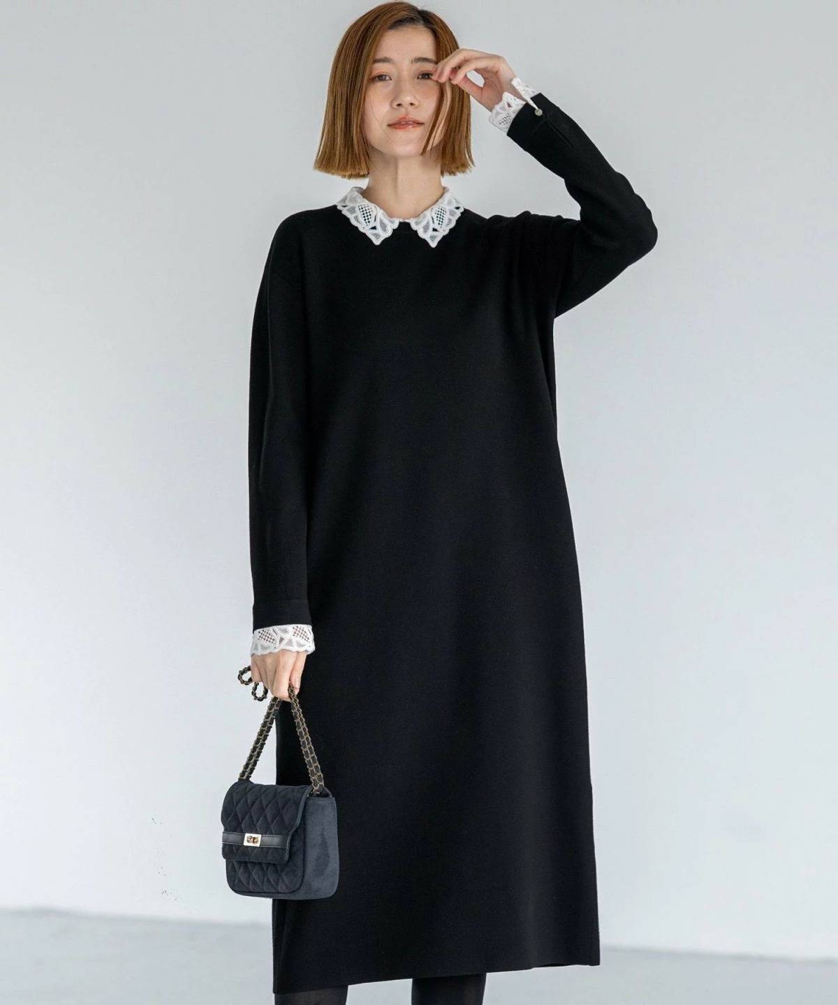 23区 ヴィスコースストレッチ レース襟 ワンピース