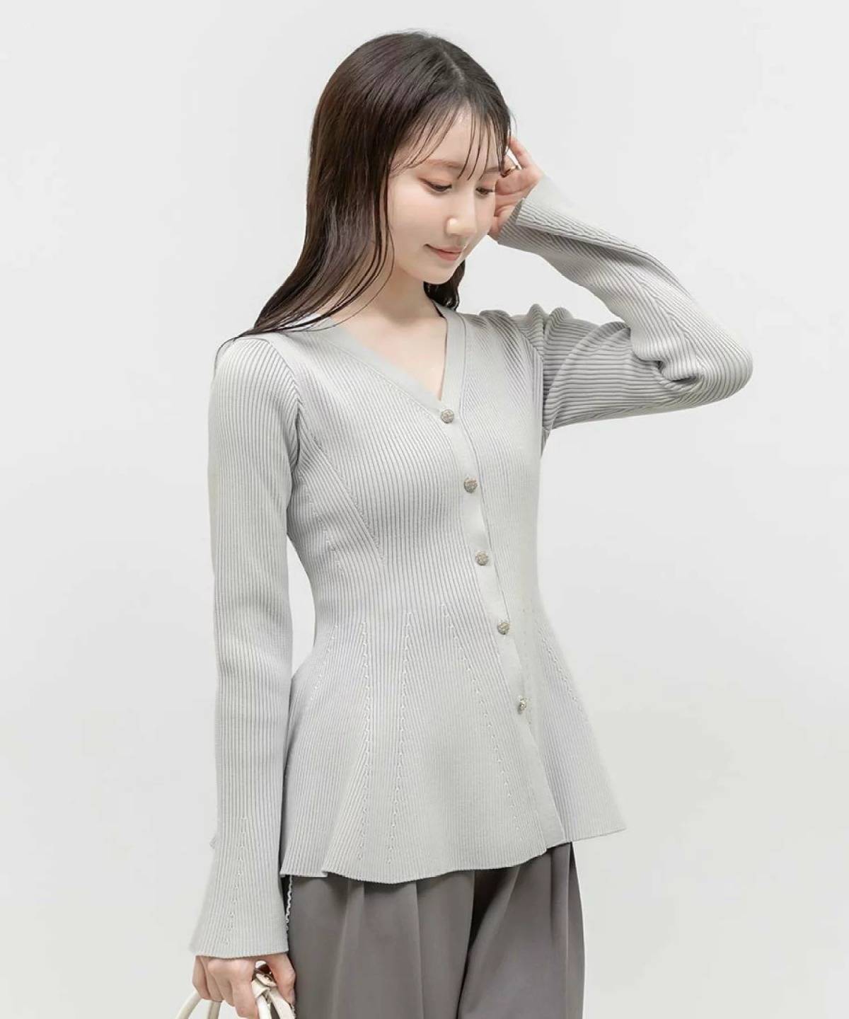 RANDA ビジューボタンペプラムニットカーディガン