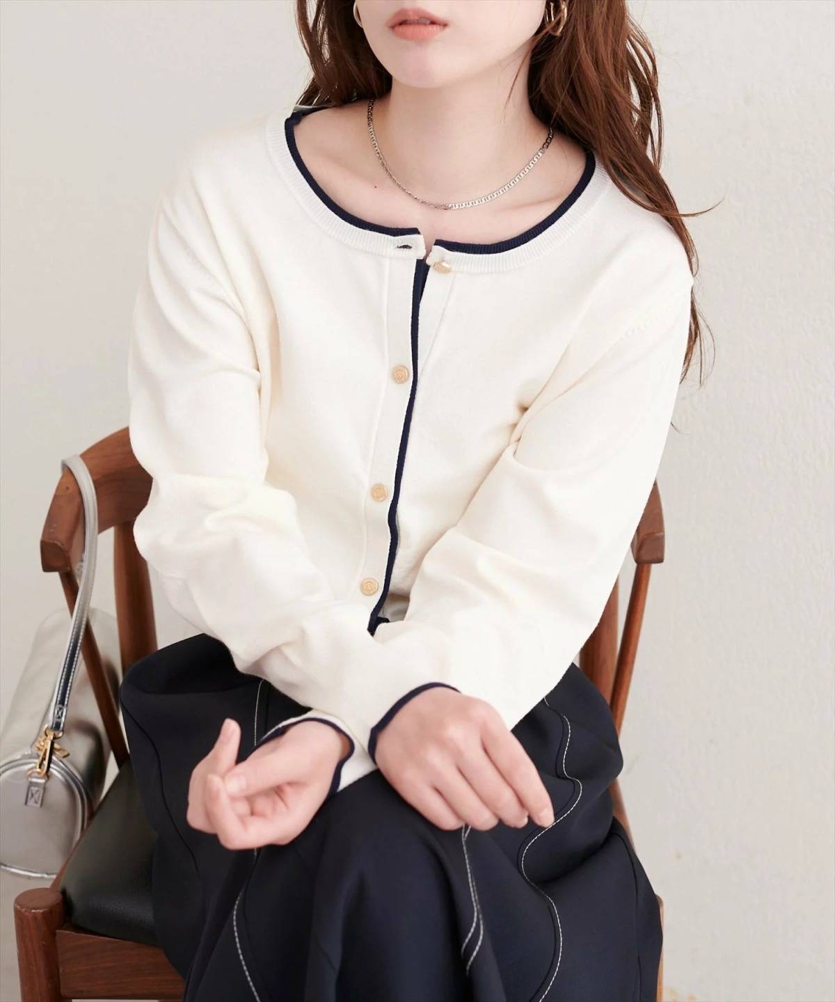 natural couture 配色金ボタンニットカーディガン