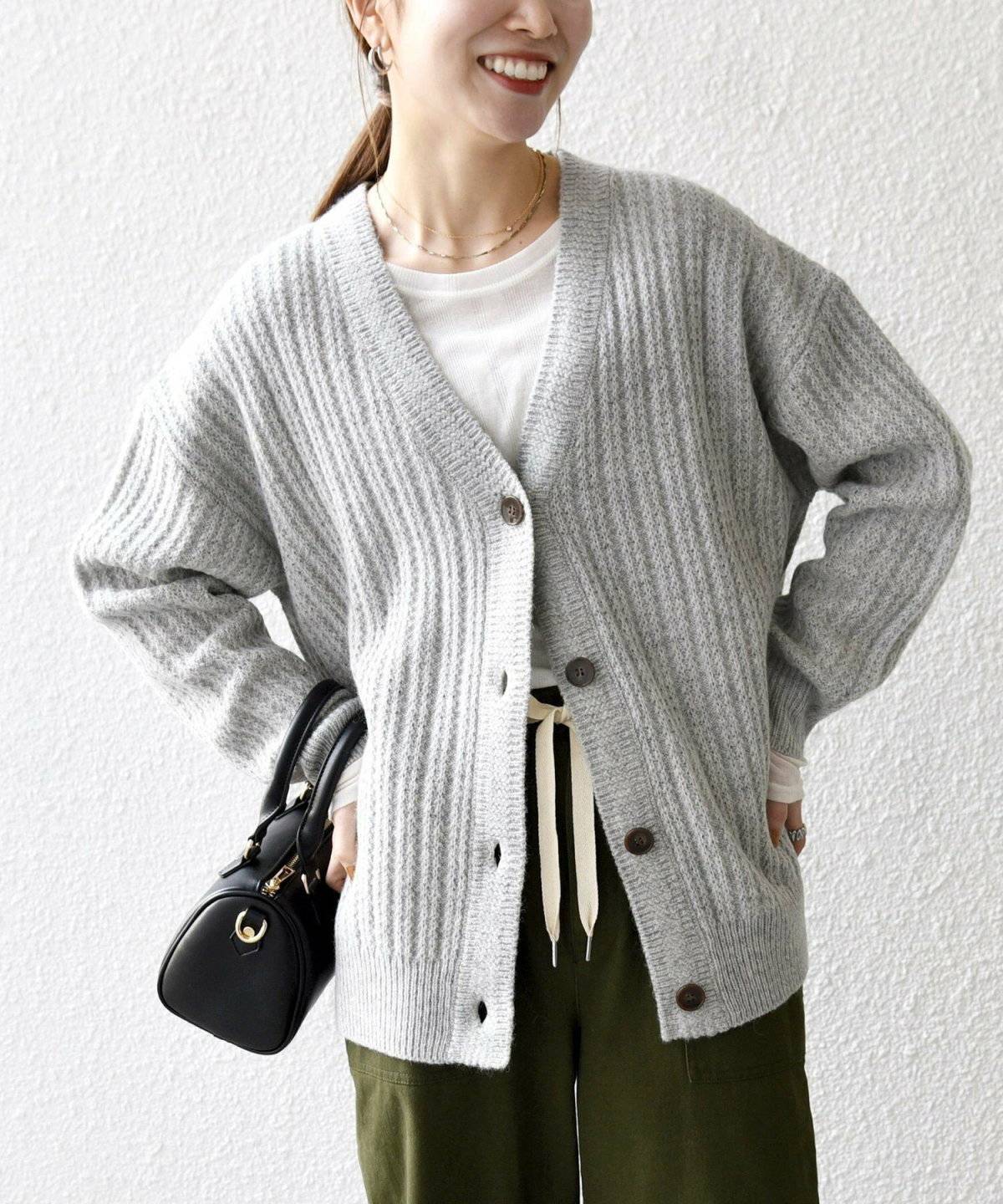 SHIPS リブ タック編み Vネック ルーズ ニット カーディガン