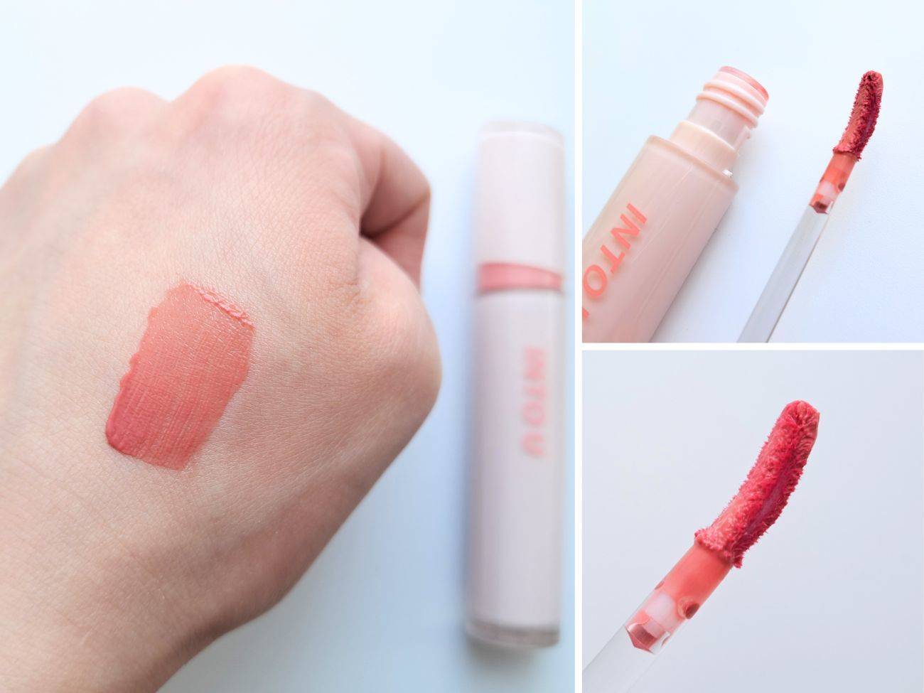 INTO U(イントゥユゥ) グローリップティント　GW01 インピーチの手元スウォッチ