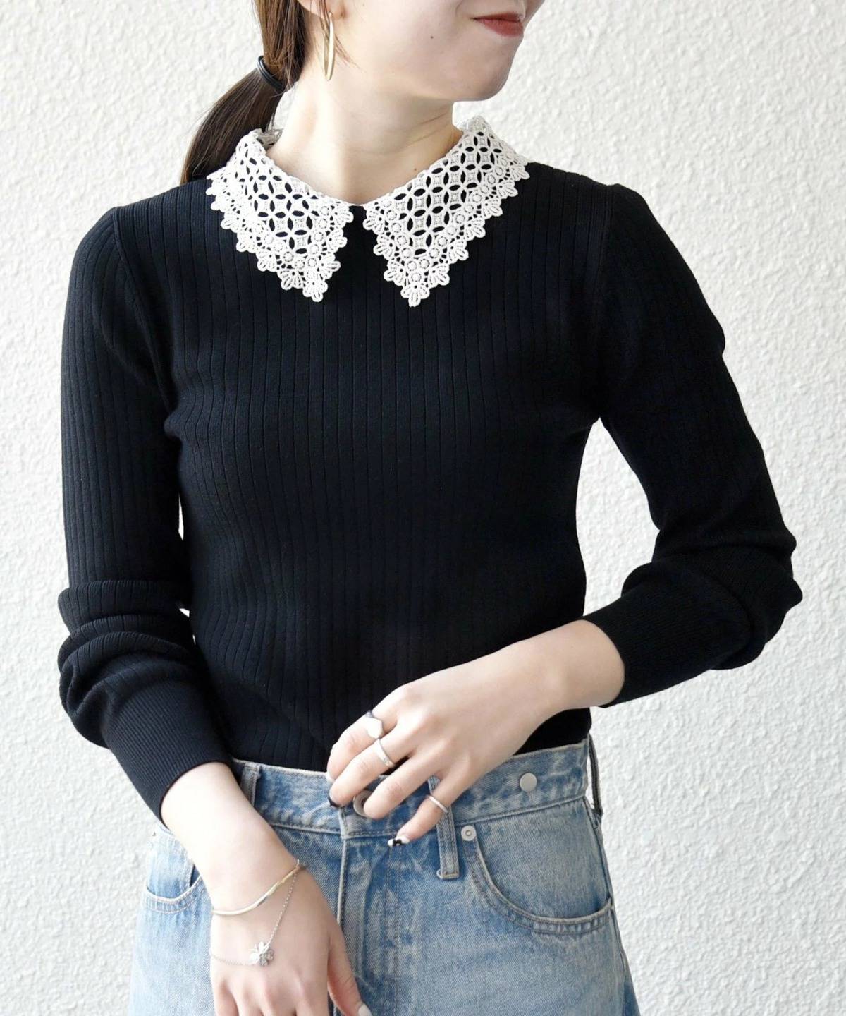 SHIPS 2WAY レース カラー リブ ニット プルオーバー