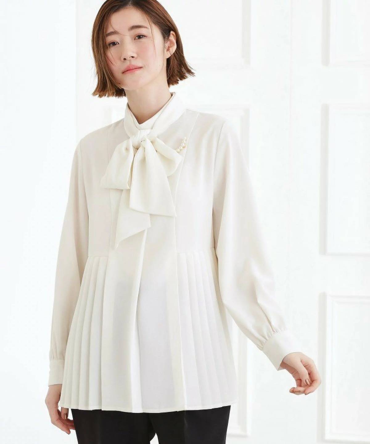 grove 裾プリーツ取り外しボウタイブラウス