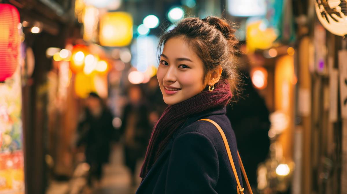 ネイビーのニットを着た女性