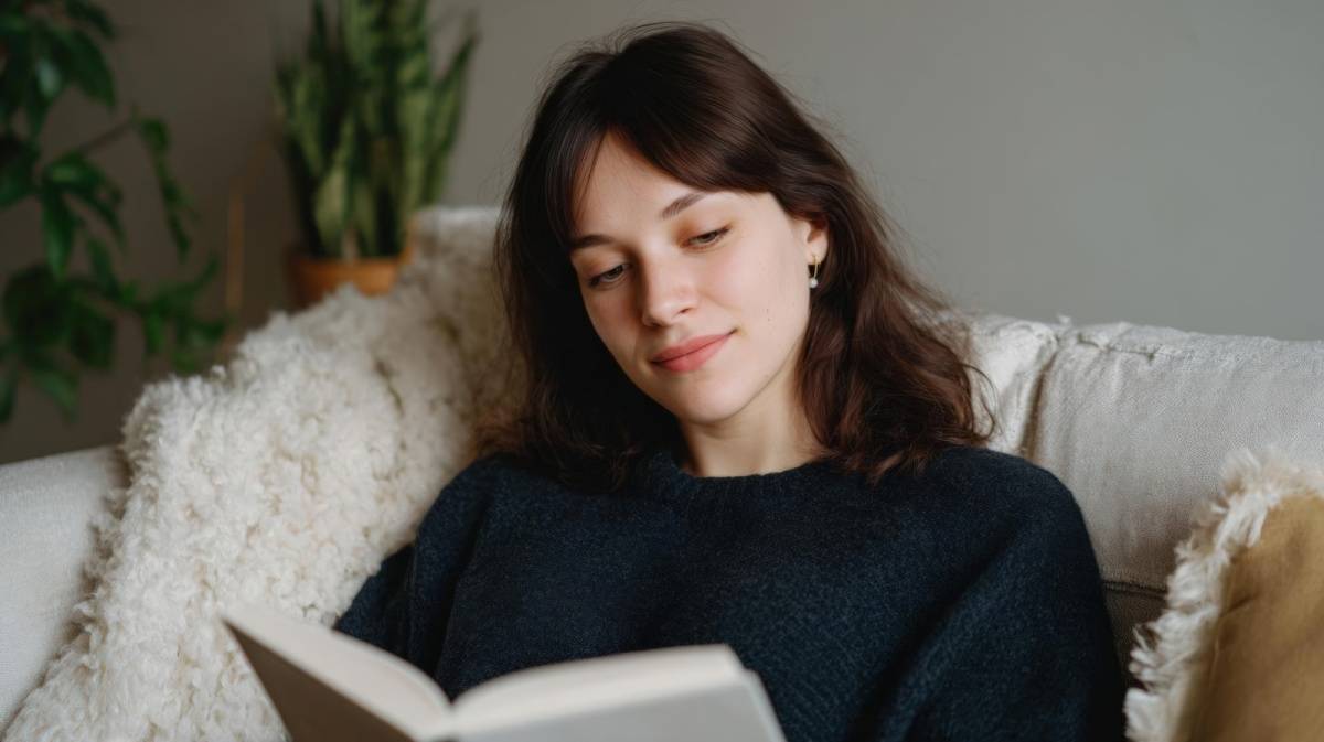 ネイビーのニットを着た女性