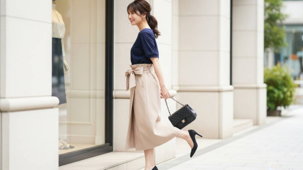 ネイビーのトップスを着た女性