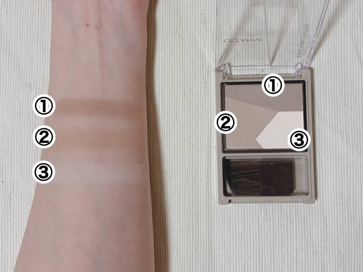 CEZANNE セザンヌ ブレンドカラーシェーディング 03メリハリトーン スウォッチ 本体 筆者腕