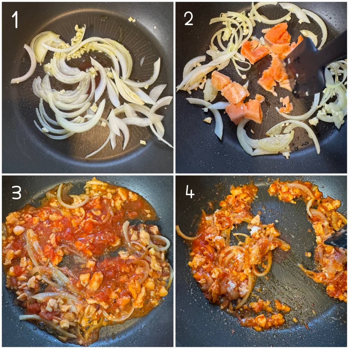 マ・マー公式の「余った魚で作れる！鮭のトマト煮込みパスタ」のレシピ