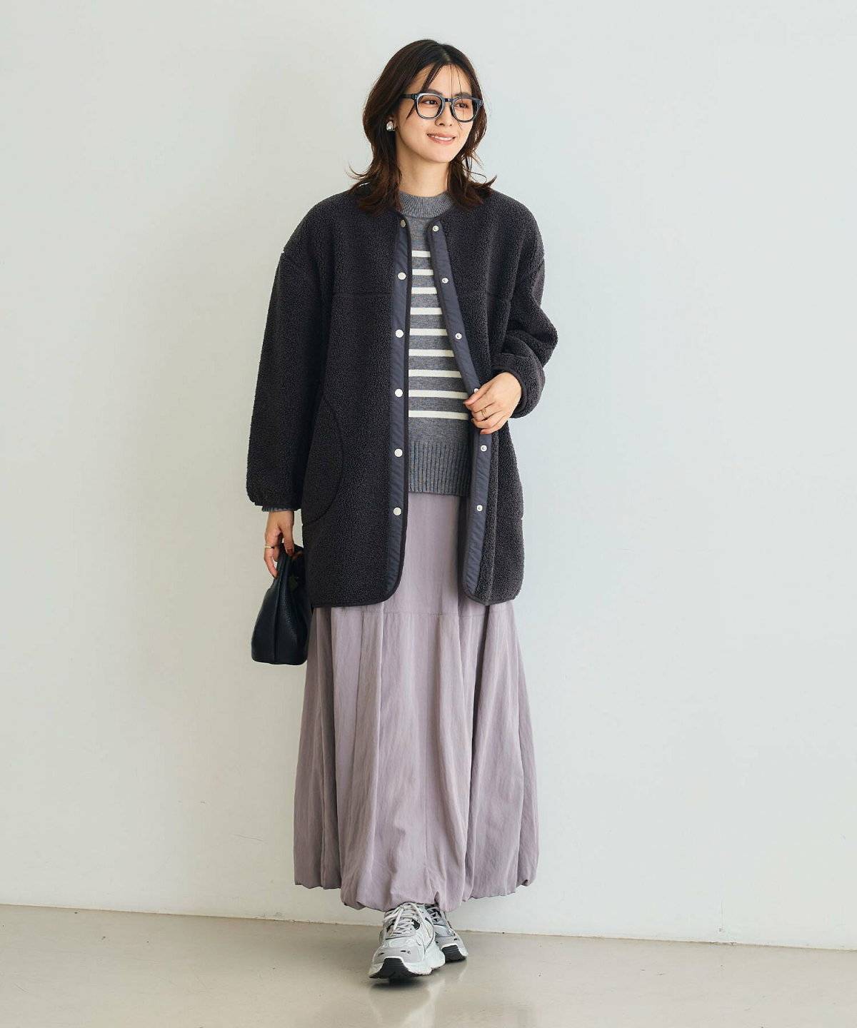 ボアコート×ボーダーTシャツコーデ