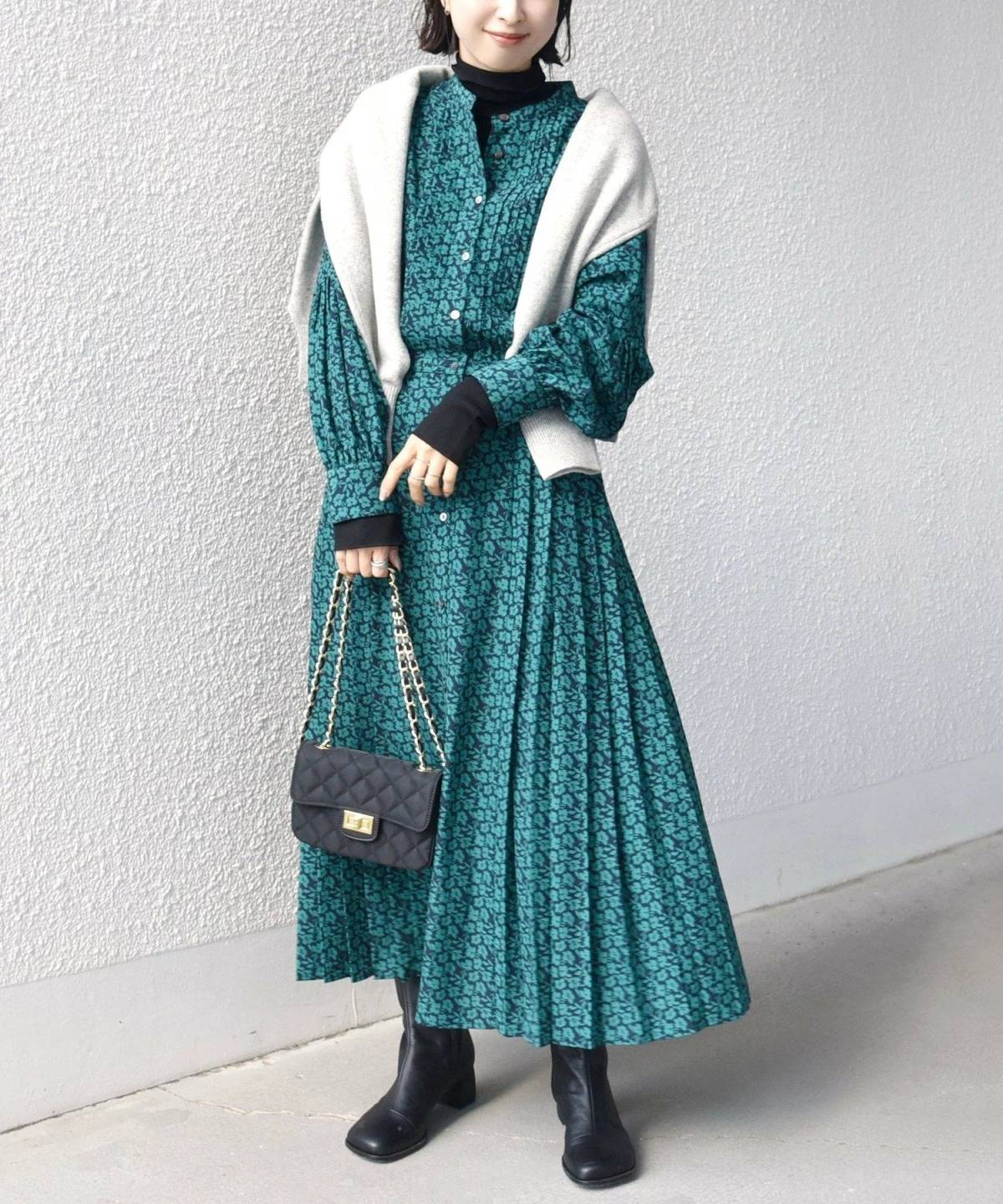 SHIPS ドット / 花柄 バンドカラー サイド プリーツ ワンピース