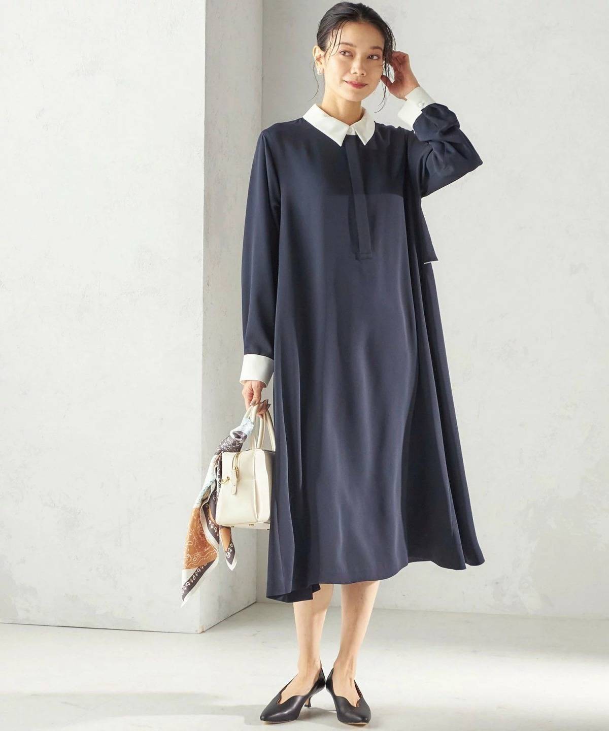 SHIPS ライト ダブルクロス バックフリル Aライン ワンピース