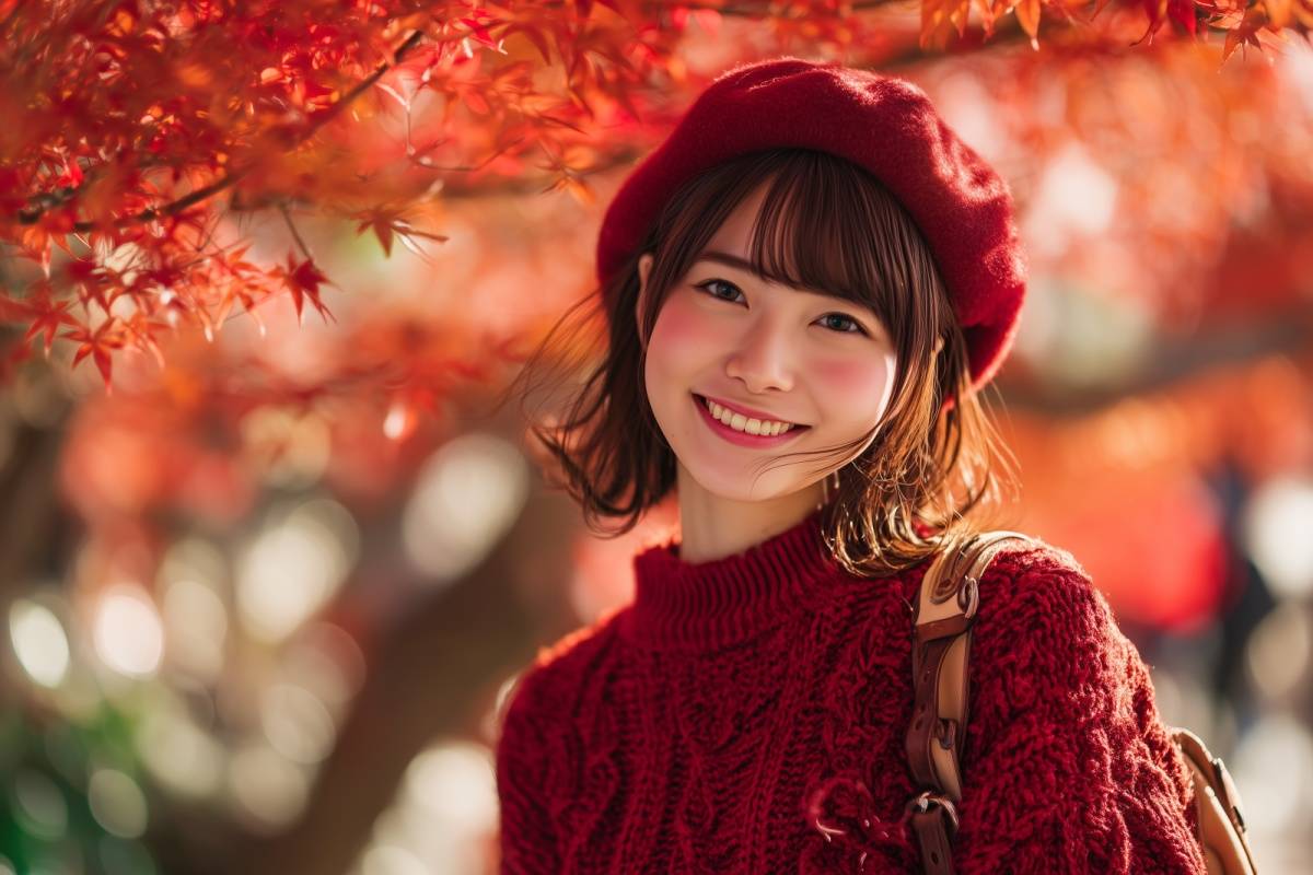  ダウンロード済み 秋の紅葉とベレー帽を被った笑顔の女性