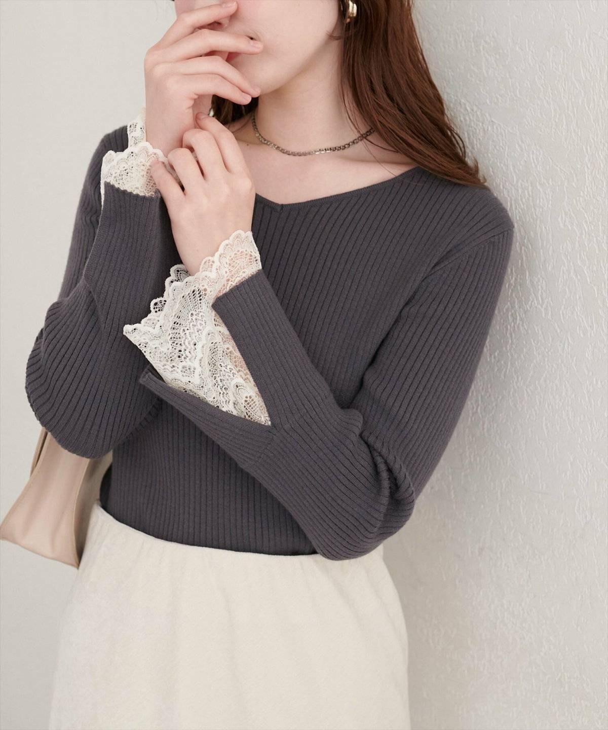 natural couture 前後2WAY袖口レースリブニット