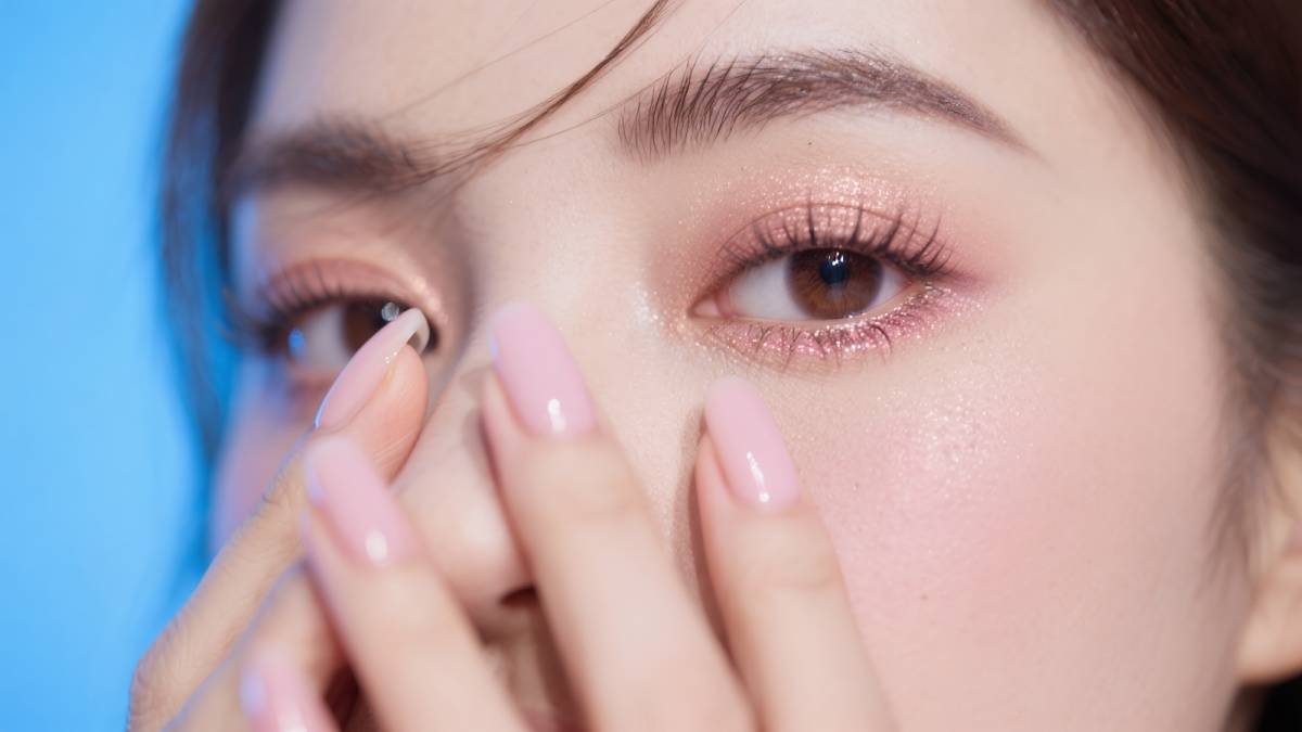 美しい指先とピンクのアイシャドウ