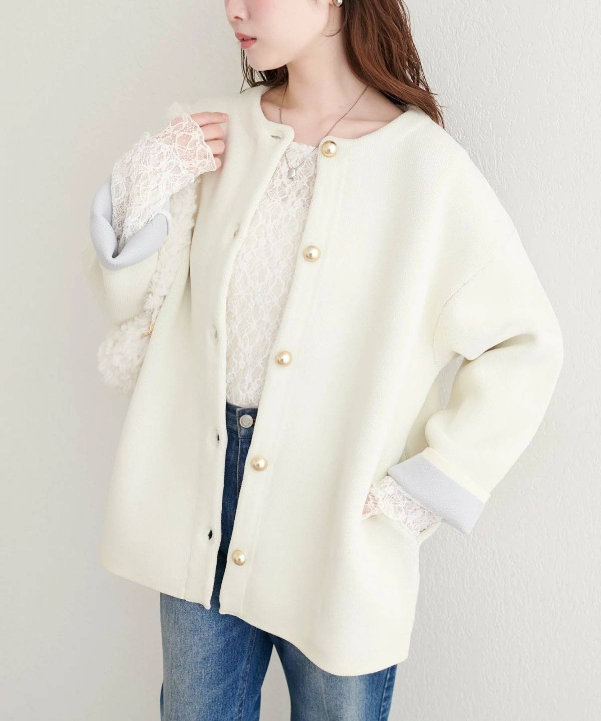 natural couture 配色プレーティングポリニットカーデ