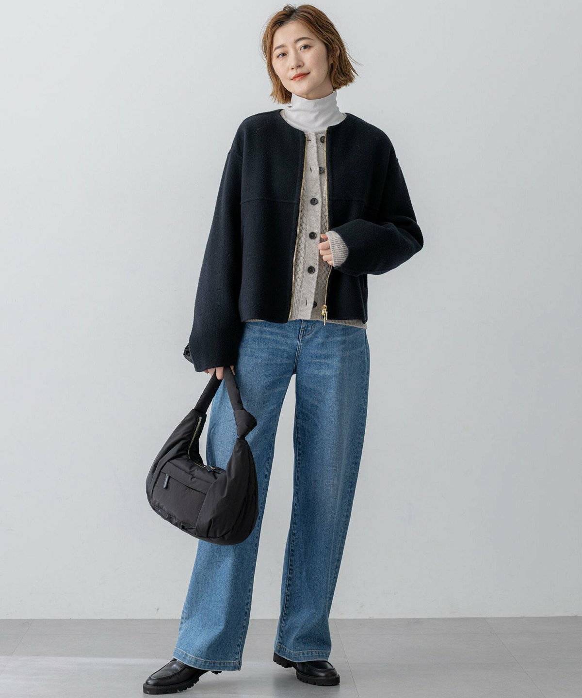 ショートブルゾン×ケーブルカーディガン×ワイドニットパンツ