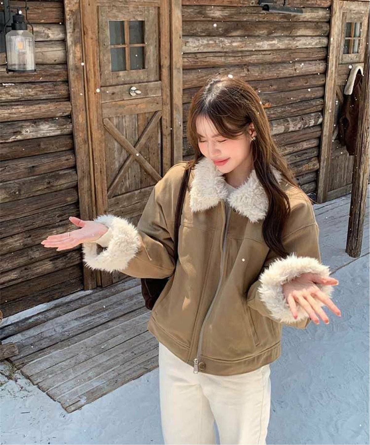 ムートンジャケット×ニットスカート