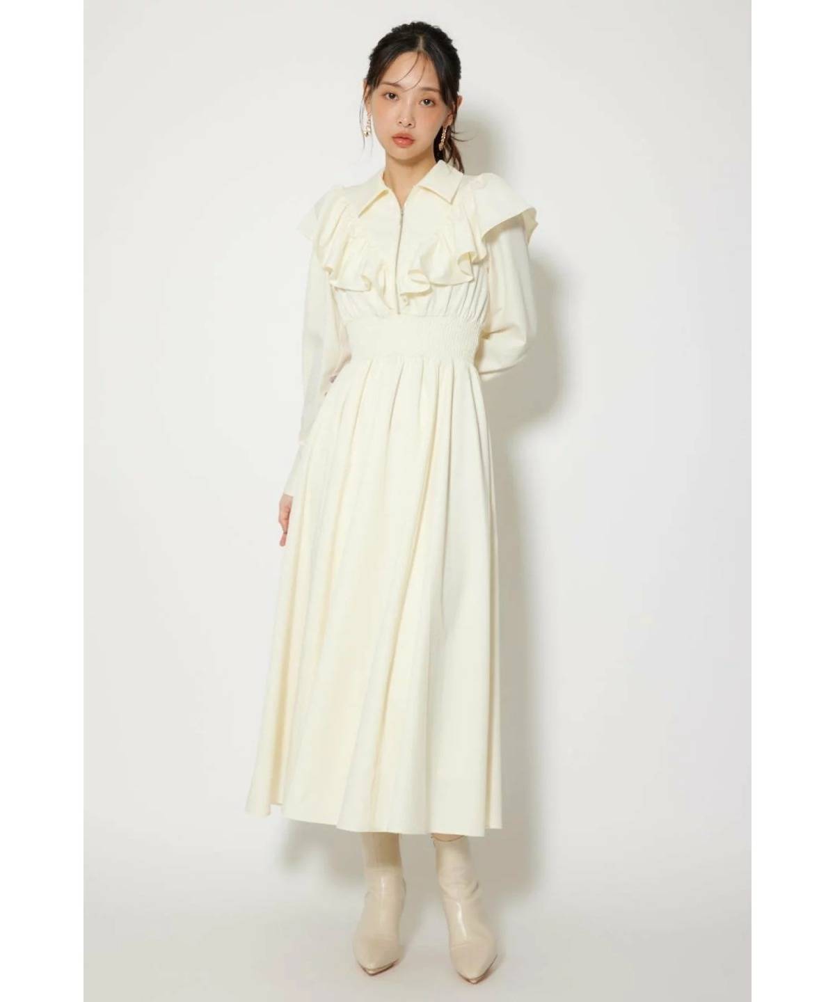 rienda フロントZIPフリルシャツワンピース