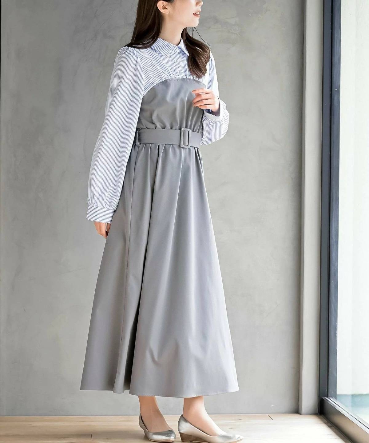 rps 無地*ストライプシャツドッキングワンピース
