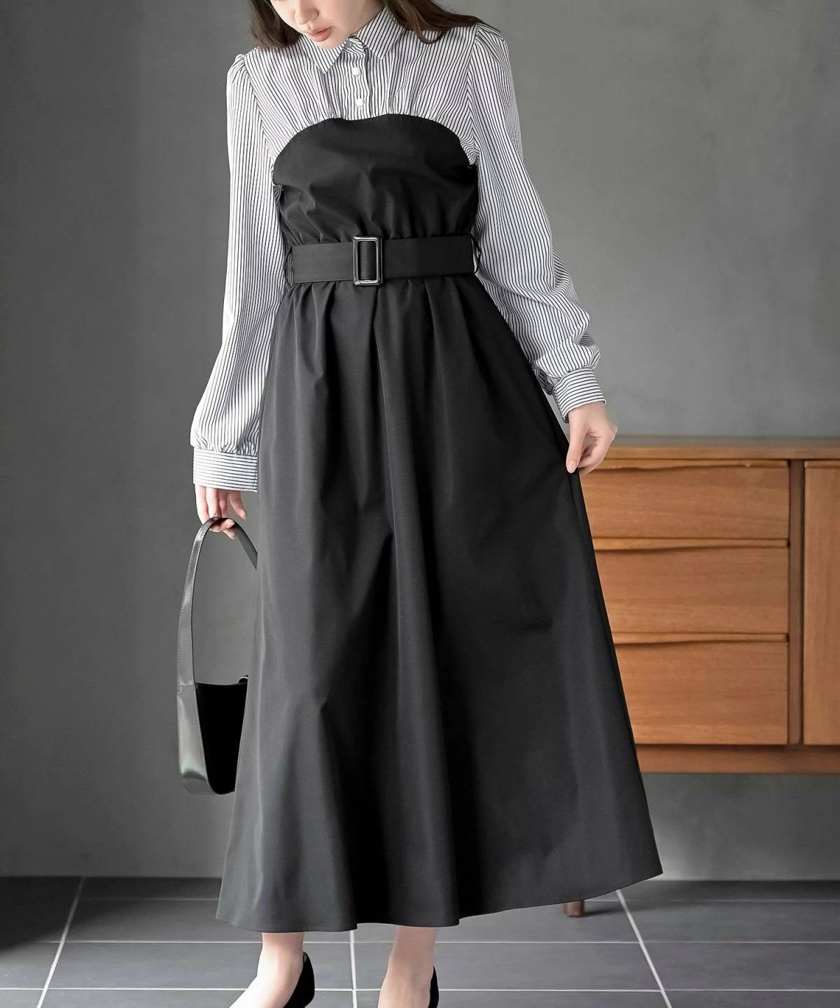 rps 無地*ストライプシャツドッキングワンピース
