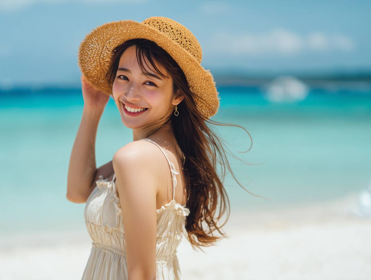 麦わら帽子をかぶって微笑む女性