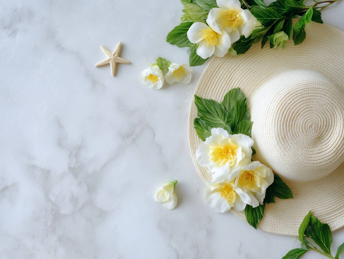 白い花と麦わら帽子