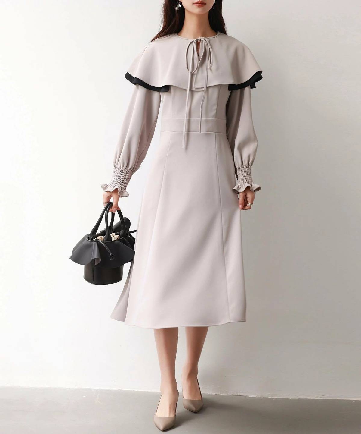 SAISON DE PAPILLON 2way配色ケープカラーミモレワンピース