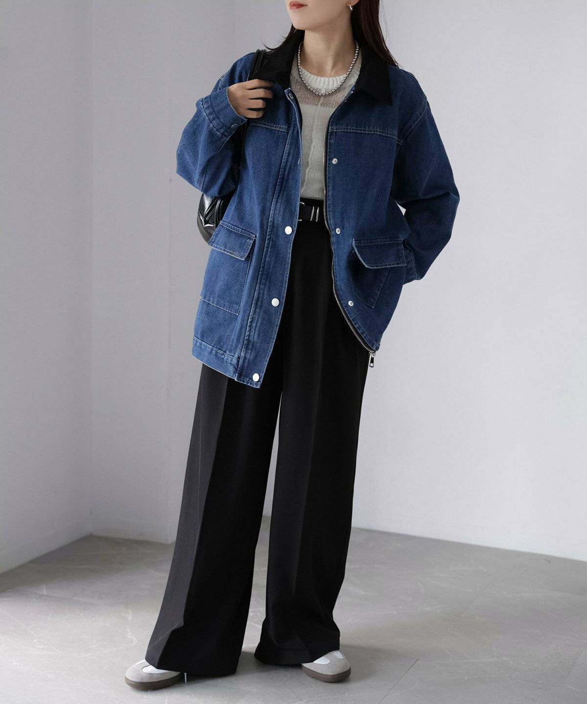 デニムジャケット×ワイドパンツ