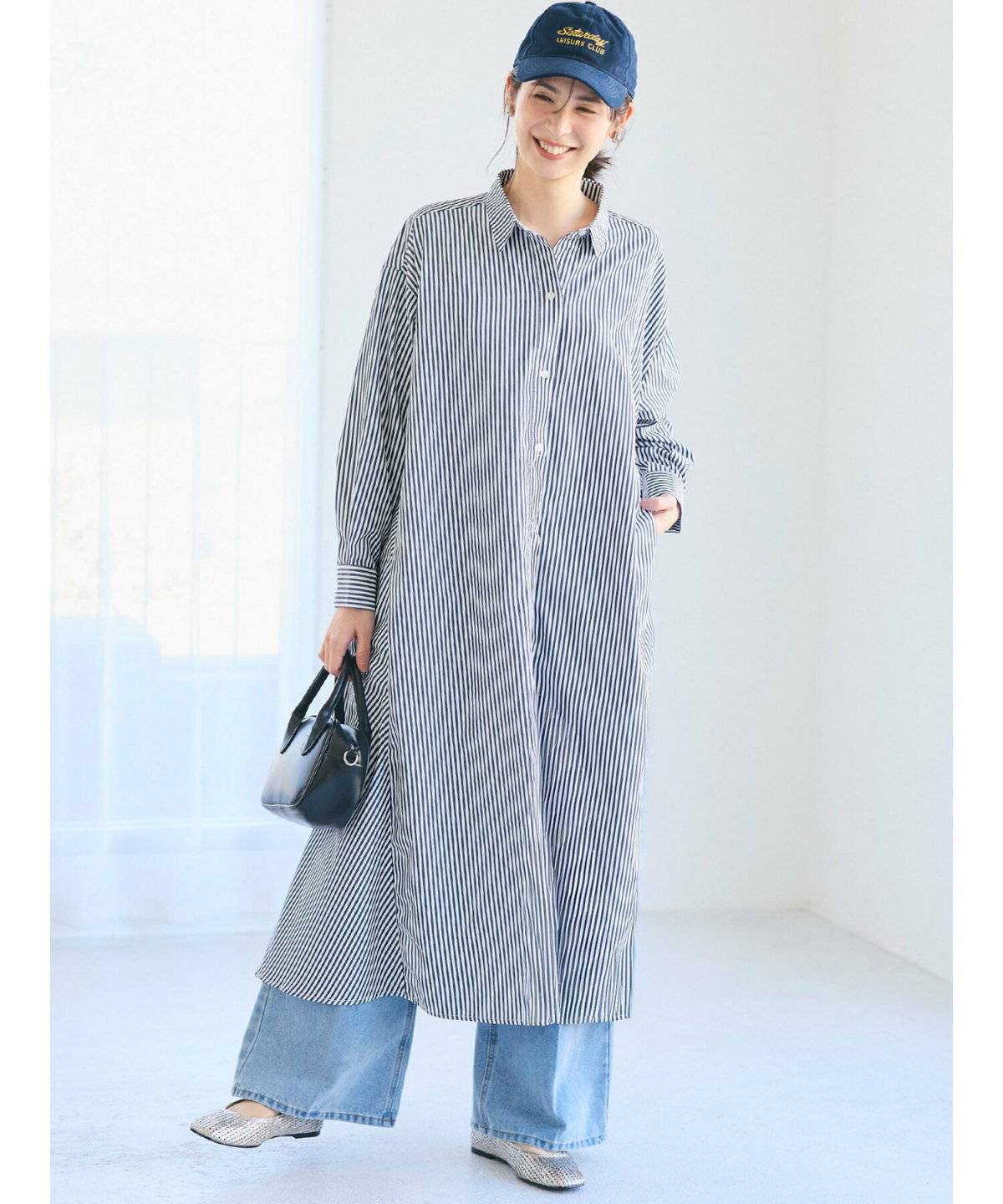 シャツワンピース×スキニーデニム