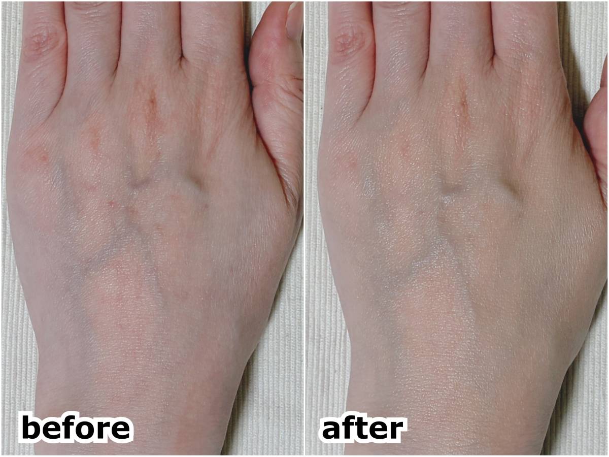 &nd by rom&nd アンドバイロムアンド Greige  グレージュ シリーズ メロウスキンリキッドファンデーション BE01ピュア スウォッチ 筆者手の甲 