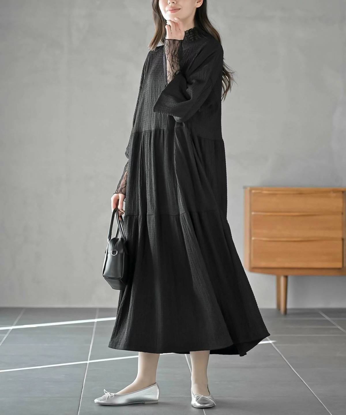 rps シャーリングドビーティアード7分袖ワンピース