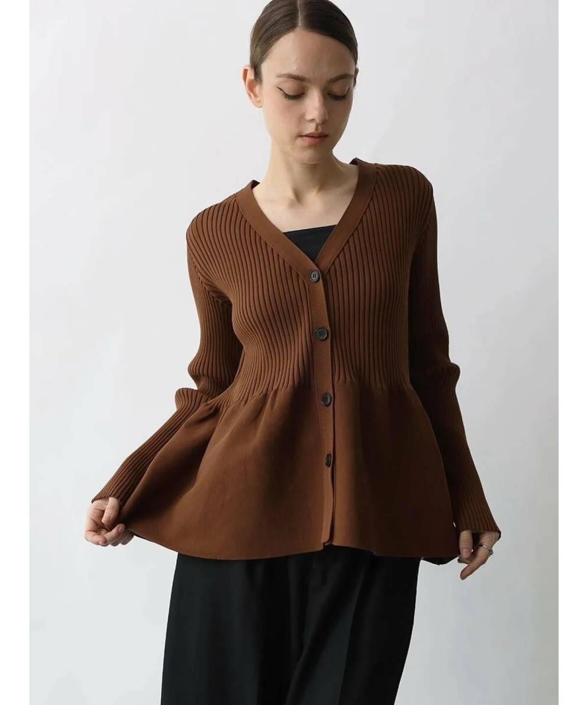 LASUD フレアヘムリブニットカーディガン