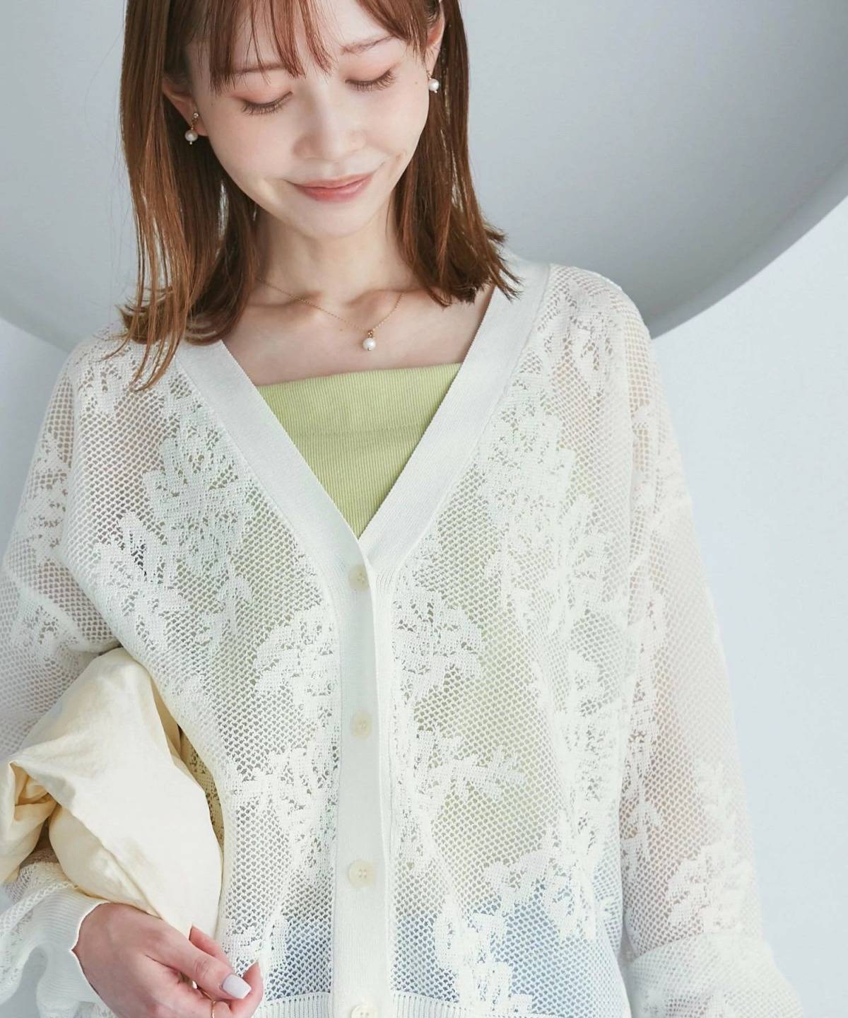 ROPE' PICNIC透かし編み花柄Vネックカーディガン