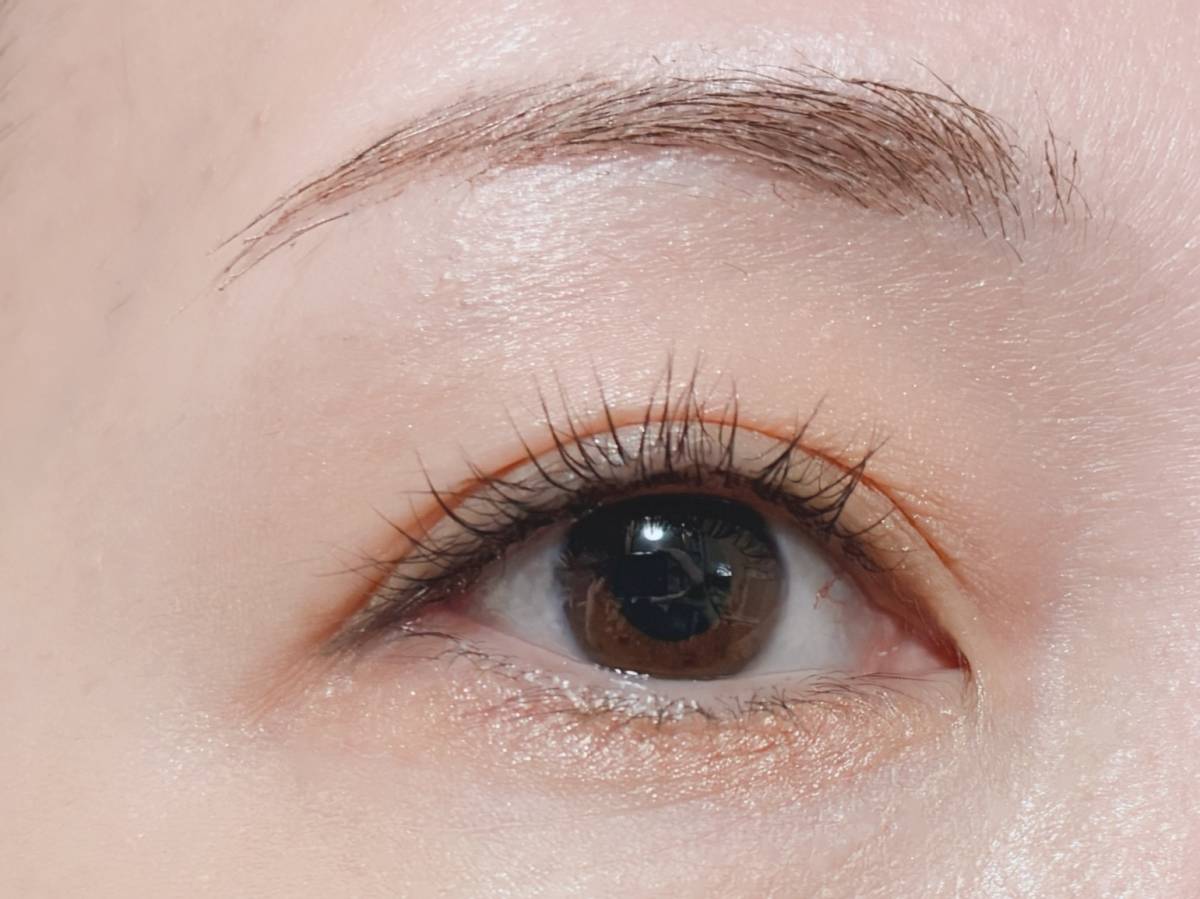 &nd by rom&nd アンドバイロムアンド Greige グレージュ シリーズ メロウタッチシングルアイシャドウ SH02コージーラテ 塗布後 筆者目元