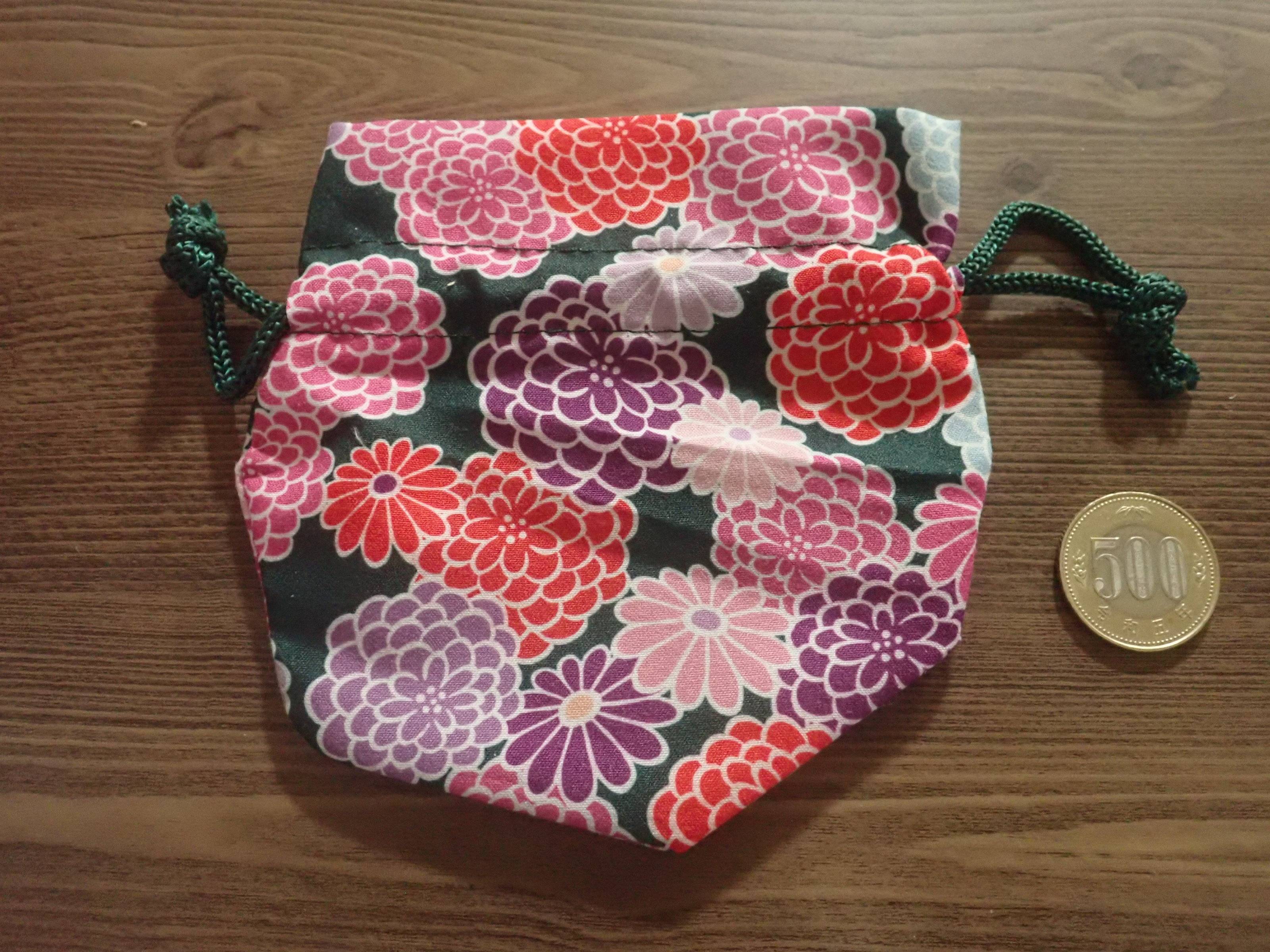 ダイソーの丸底巾着袋(着物柄、A)