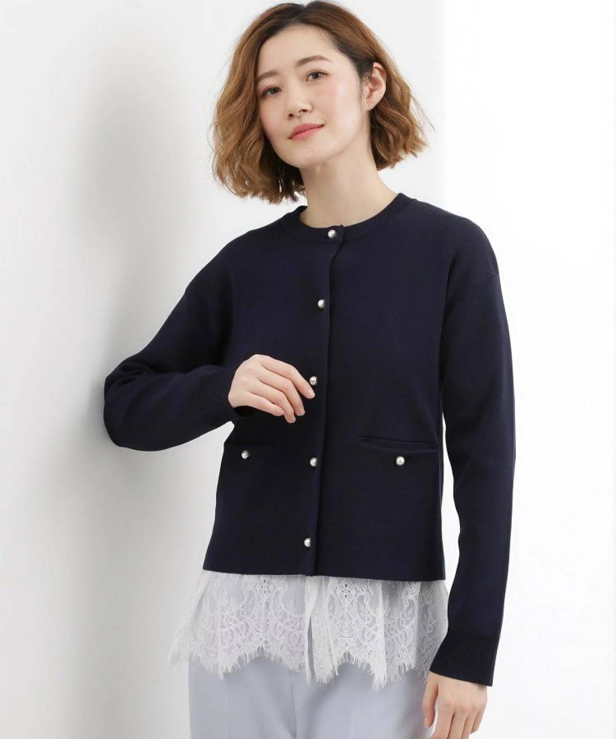 grove パール調釦ニットカーディガン