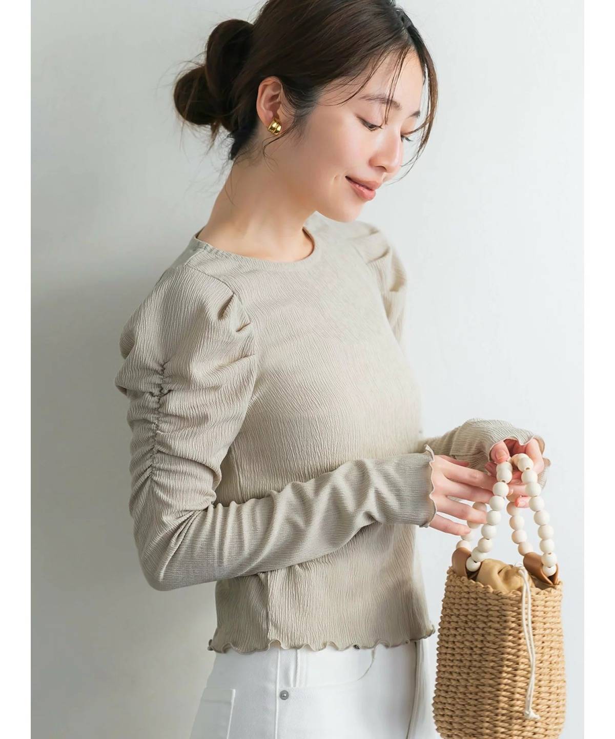 coca クレープシャーリングパフスリーブトップス