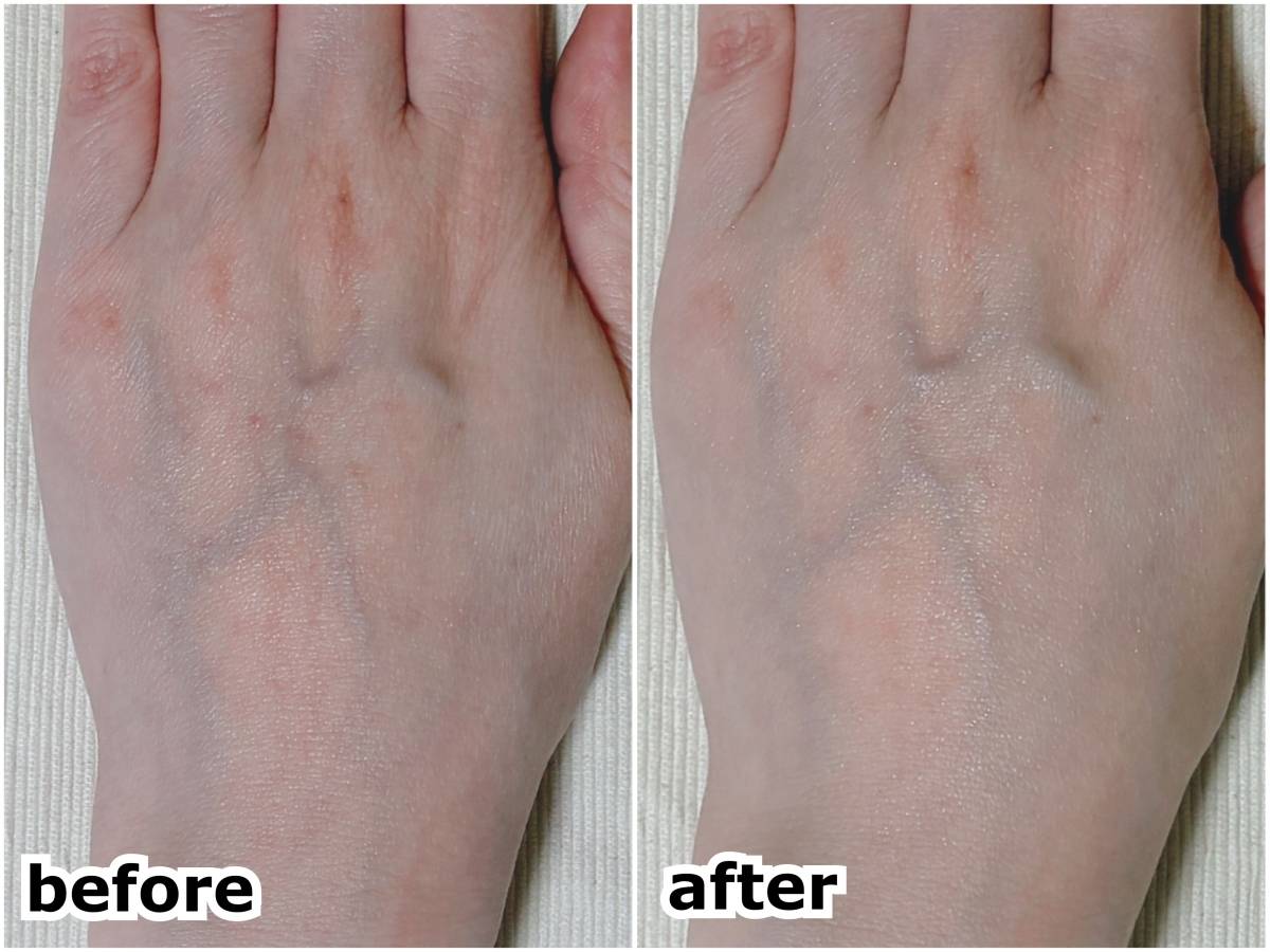 &nd by rom&nd アンドバイロムアンド Greige グレージュシリーズ コンフォートルースパウダー CL01クリア スウォッチ 本体 筆者手の甲 before after