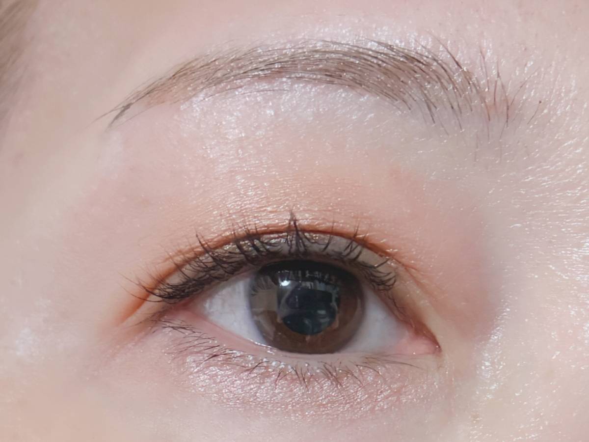 &nd by rom&nd アンドバイロムアンド Greige グレージュシリーズ メロウタッチシングルアイシャドウ SH03スウィートチェスナット 塗布後 薄塗りパターン 筆者目元