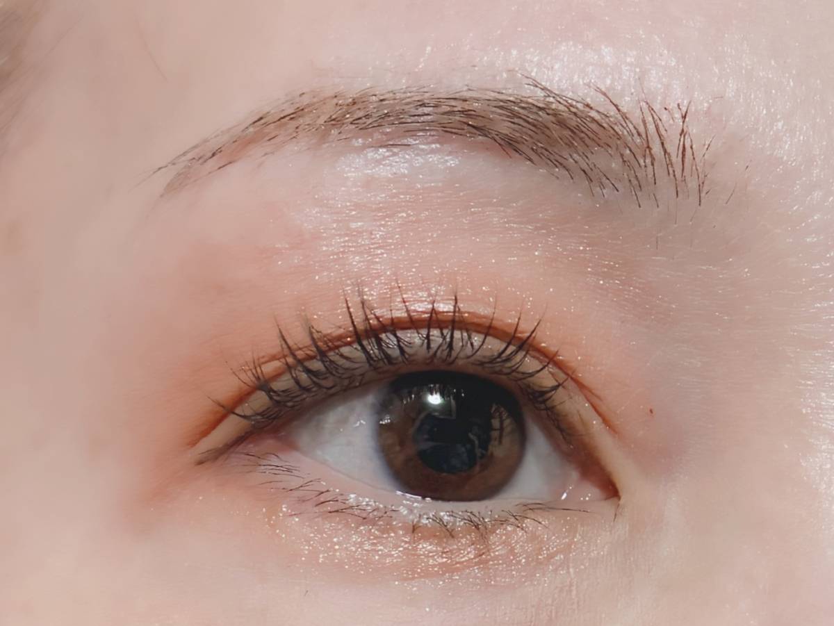 &nd by rom&nd アンドバイロムアンド Greige グレージュシリーズ メロウタッチシングルアイシャドウ SH03スウィートチェスナット 塗布後 濃い塗りパターン 筆者目元