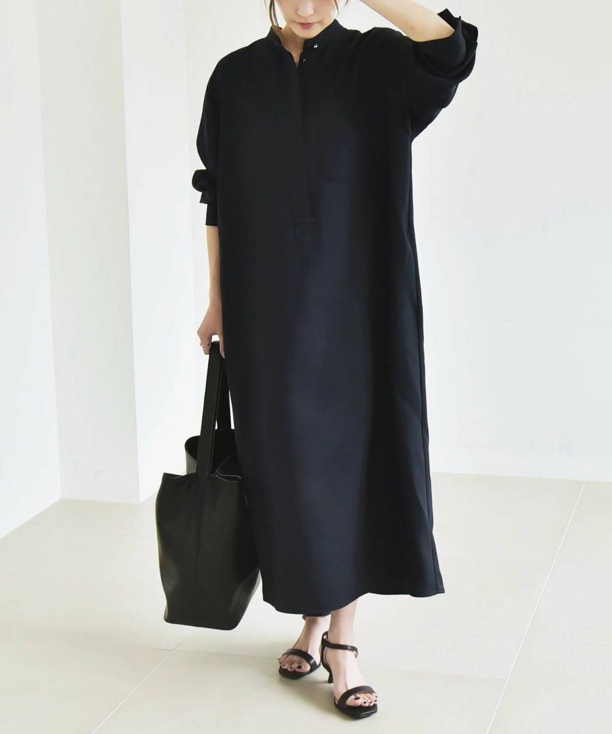 SHIPS ダブルクロス スタンドカラー ポケット シャツ ワンピース