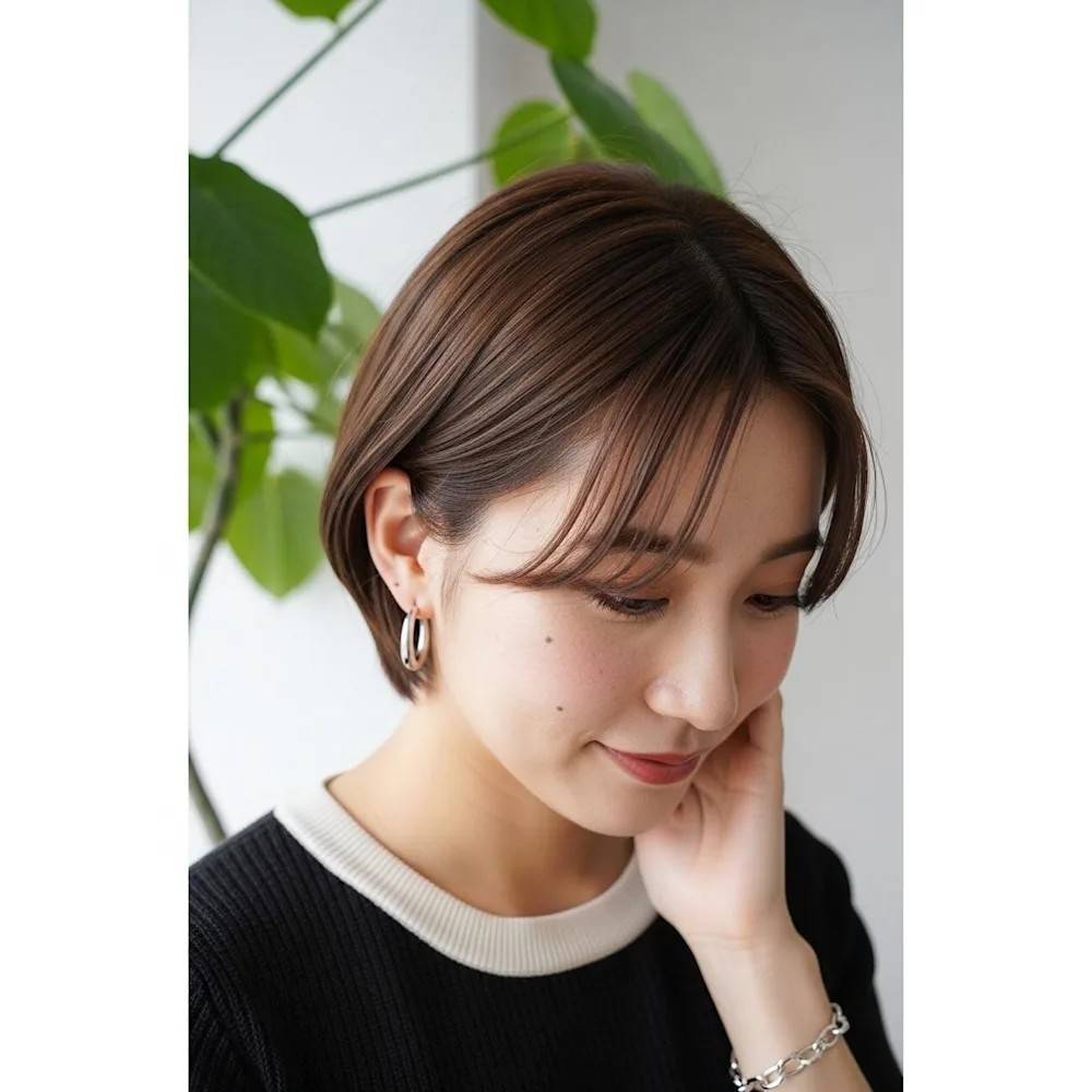 ナチュラルブラウンの丸みショート