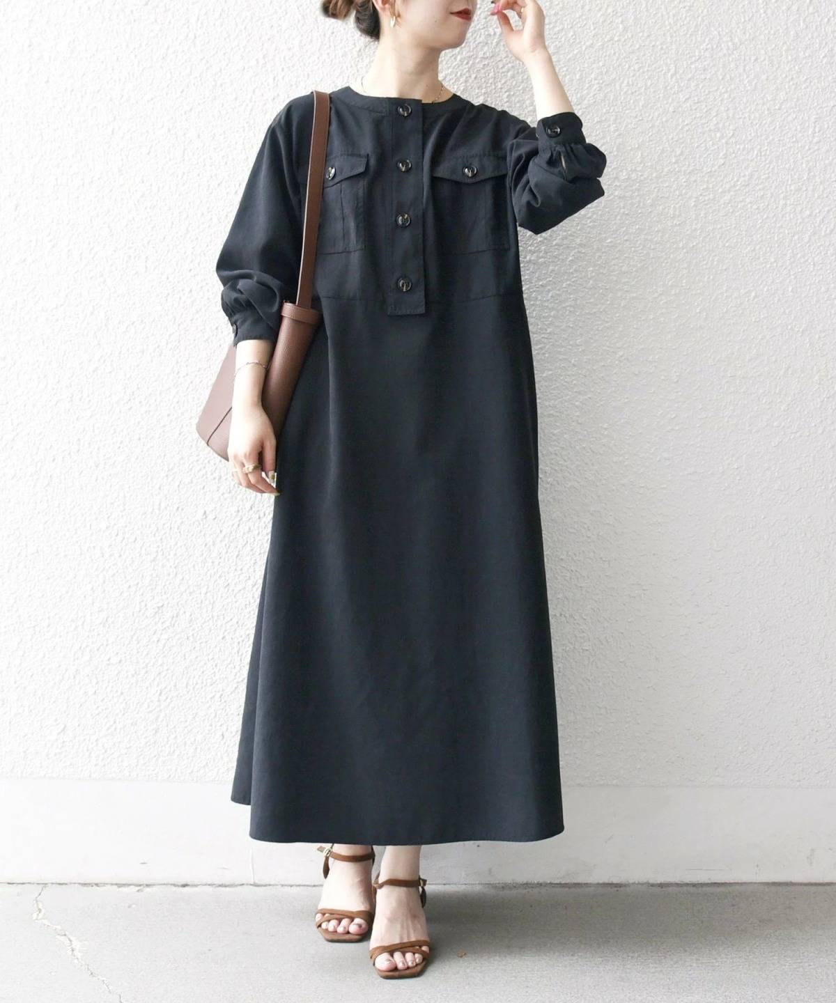 SHIPS ピーチスキン クルーネック ポケット フレア ワンピース